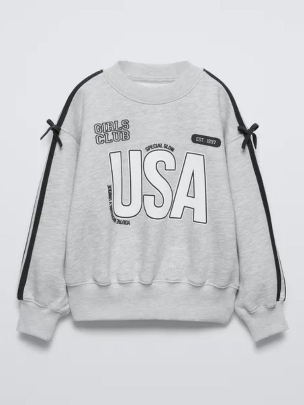 Zara Girls Light Gray Crewneck USA Sweatshirt with Black Striped Sleeves - Bow